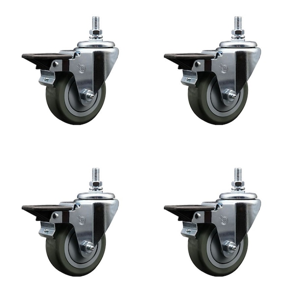 Service Caster 35 Inch Gray Polyurethane 10 MM Threaded Stem Caster Set with Brake SCC-TS20S3514-PPUB-PLB-M1015-4 - main